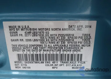 2014 Mitsubishi Outlander Sport Es from USA, damaged, VIN 4A4AP3AU6EE027757